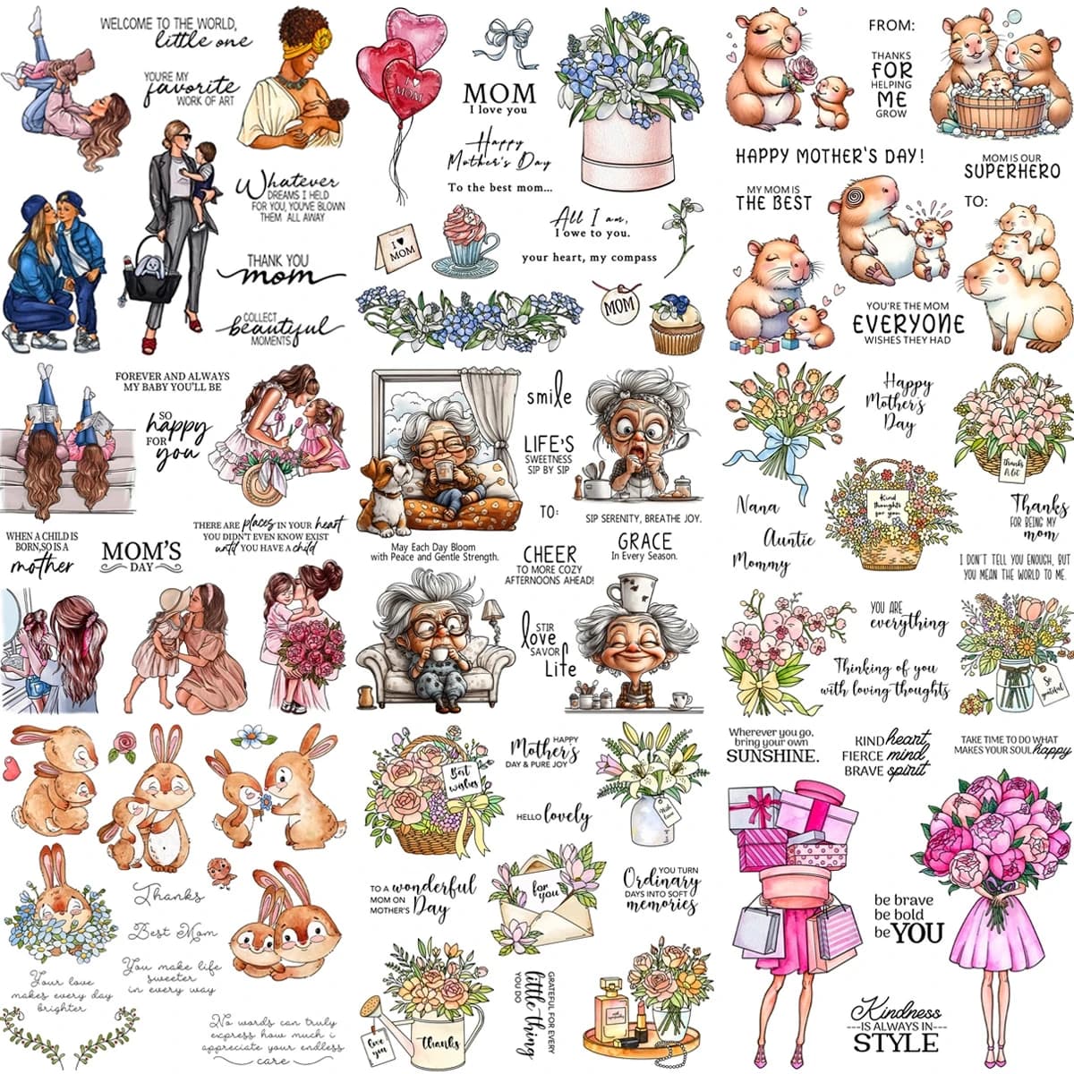 Mother's Day Metal Cutting Dies & Clear Stamps Set, Mom & Baby Animal Flower DIY Stencils for Card Making Scrapbooking