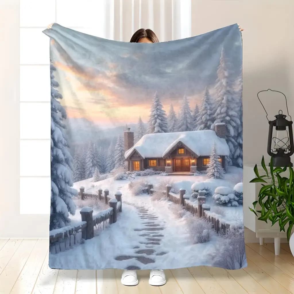 1pc Anime Winter Snowy Landscape Flannel Fleece Throw Blanket - Soft Warm 280gsm Heavyweight Polyester, Cozy Snow-Covered Trees