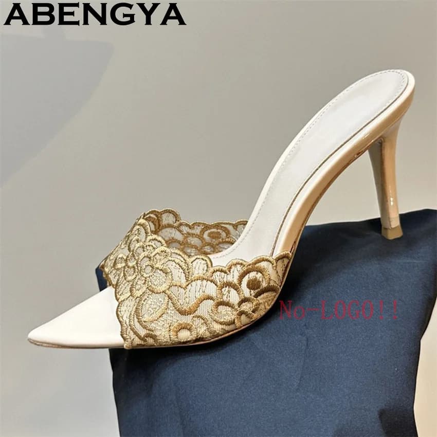 ABENGYA Ciabatte con tacco sottile e ricamo in pizzo, sandali sexy da donna con punta aperta, sandali gladiatore estivi, scarpe da festa da donna