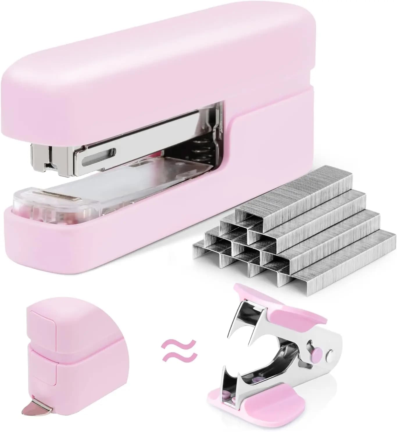 Cucitrice da scrivania con capacità di 45 fogli e smagliacuciture integrato, design a cucitura piatta, rosa