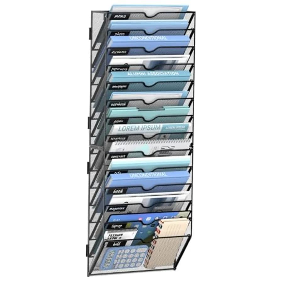 Organizzatore da Parete a 14 Livelli per Documenti, Porta Cartelle e Classificatore Postale in Metallo per Ufficio, Casa e Scuola, Nero
