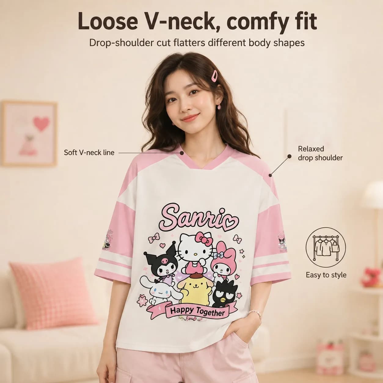 Sanrio All Stars T-Shirt Pink White Color Block V-Neck Oversized Jersey Cute Front Back Print Kawaii Streetwear Casual T-shirt