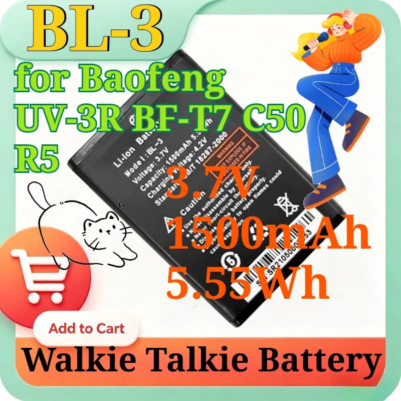 Batteria di ricambio agli ioni di litio BL-3 3.7V 1500mAh 5.55Wh per Baofeng UV-3R BF-T7 C50 R5, Edizione Leggera Linglong per Walkie Talkie