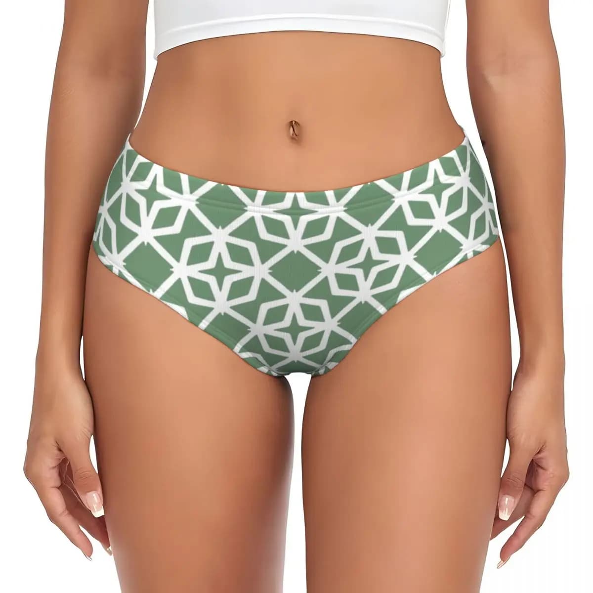 Slip Geometrici Personalizzati Verde Salvia con Motivo a Diamante, Intimo Donna Traspirante ed Elastico, Pantaloncini e Mutandine
