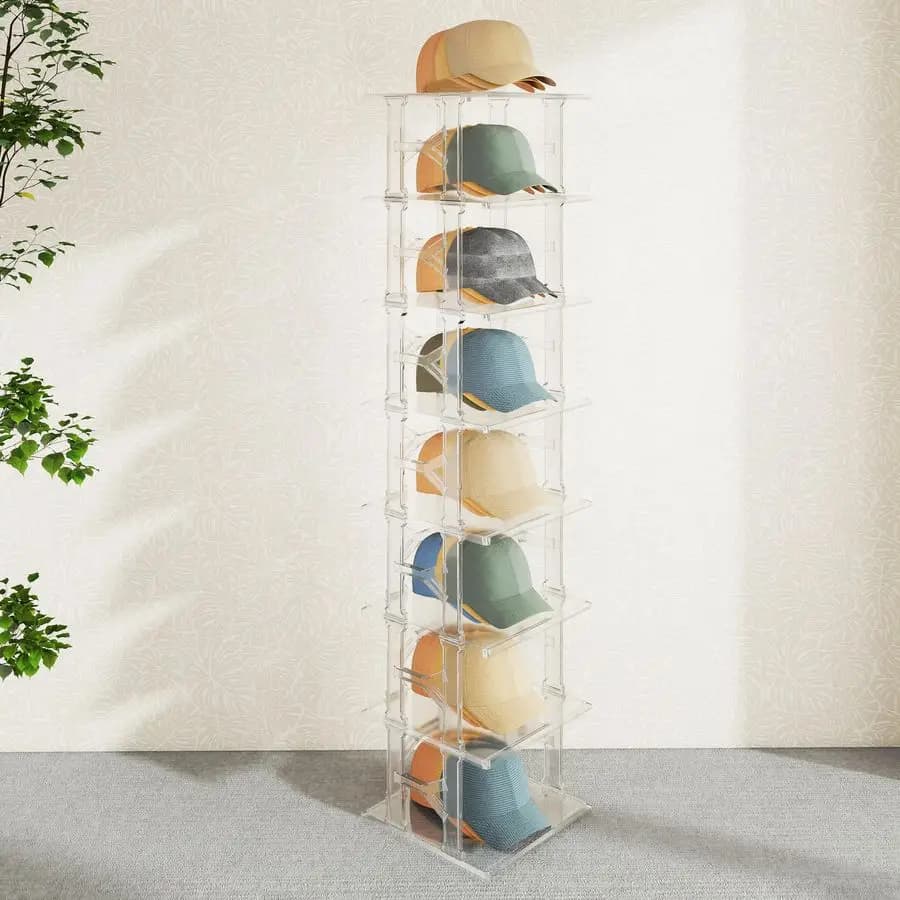 Scatola Organizzatrice, Espositore per Cappelli a 8 Livelli, Fino a 24 Cappelli, Vetrina Trasparente Impilabile, Supporto per Cappellini da Baseball, Espositore per Cappelli Autoportante
