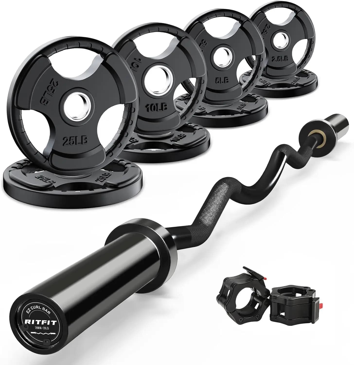 2 Inch EZ Curl Olympic Barbell with Weight Plates & Collar for Bicep, Tricep Workout, Weightlifting, 350LBS Capacity, Customized