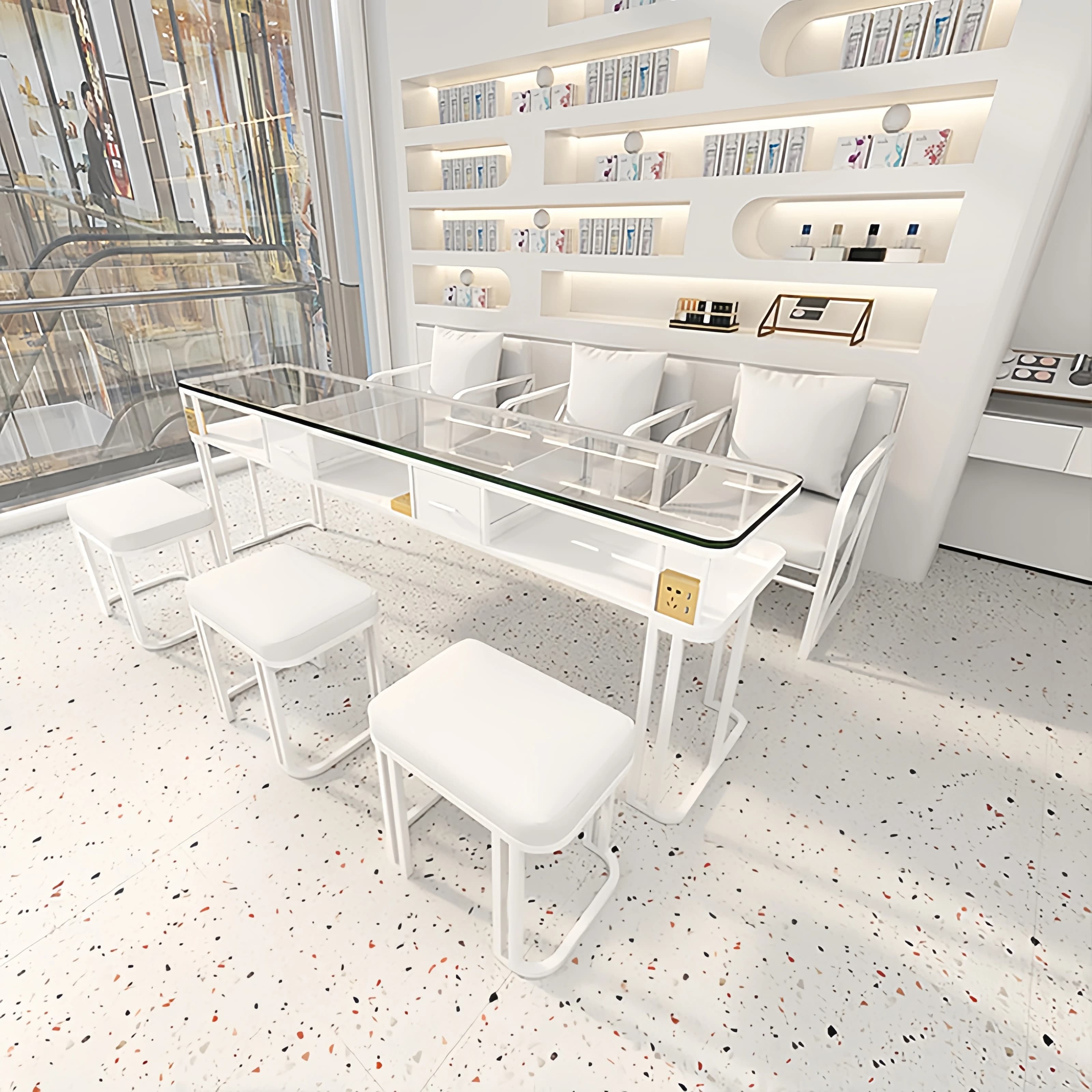 Organizzatore in vetro per scrivania per unghie bianco trasparente Design economico Tavolo per manicure moderno Mesa Tavolo minimalista per unghie Mobili per salone per unghie