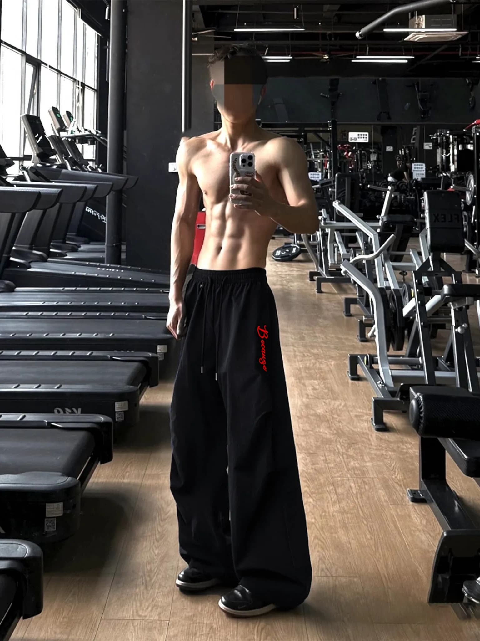 Pantaloni Sportivi da Uomo Neri con Ricamo Americano, Estivi Sottili in Seta Ghiaccio ad Asciugatura Rapida, Leggings Sportivi Larghi, Pantaloni a Gamba Larga Cleanfit