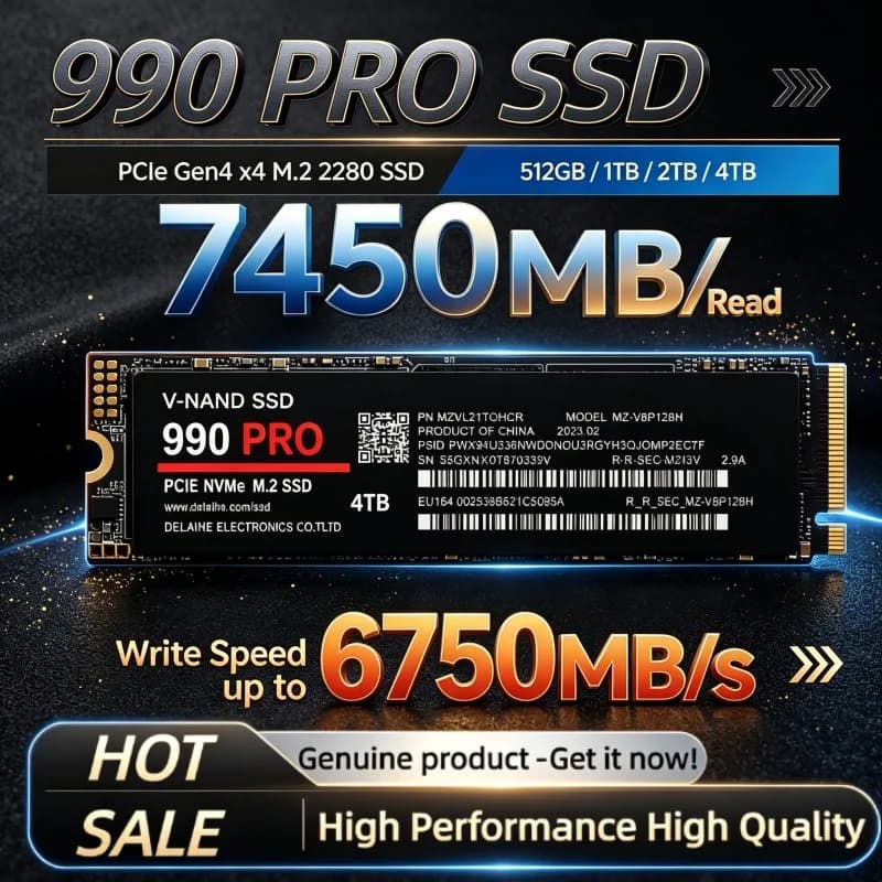 New 990 PRO NVMe M.2 2280 SSD PCIe Gen4 512GB-4TB, 7450MB/s Speed High-Performance Solid State Drive Perfect for Desktop Laptop.