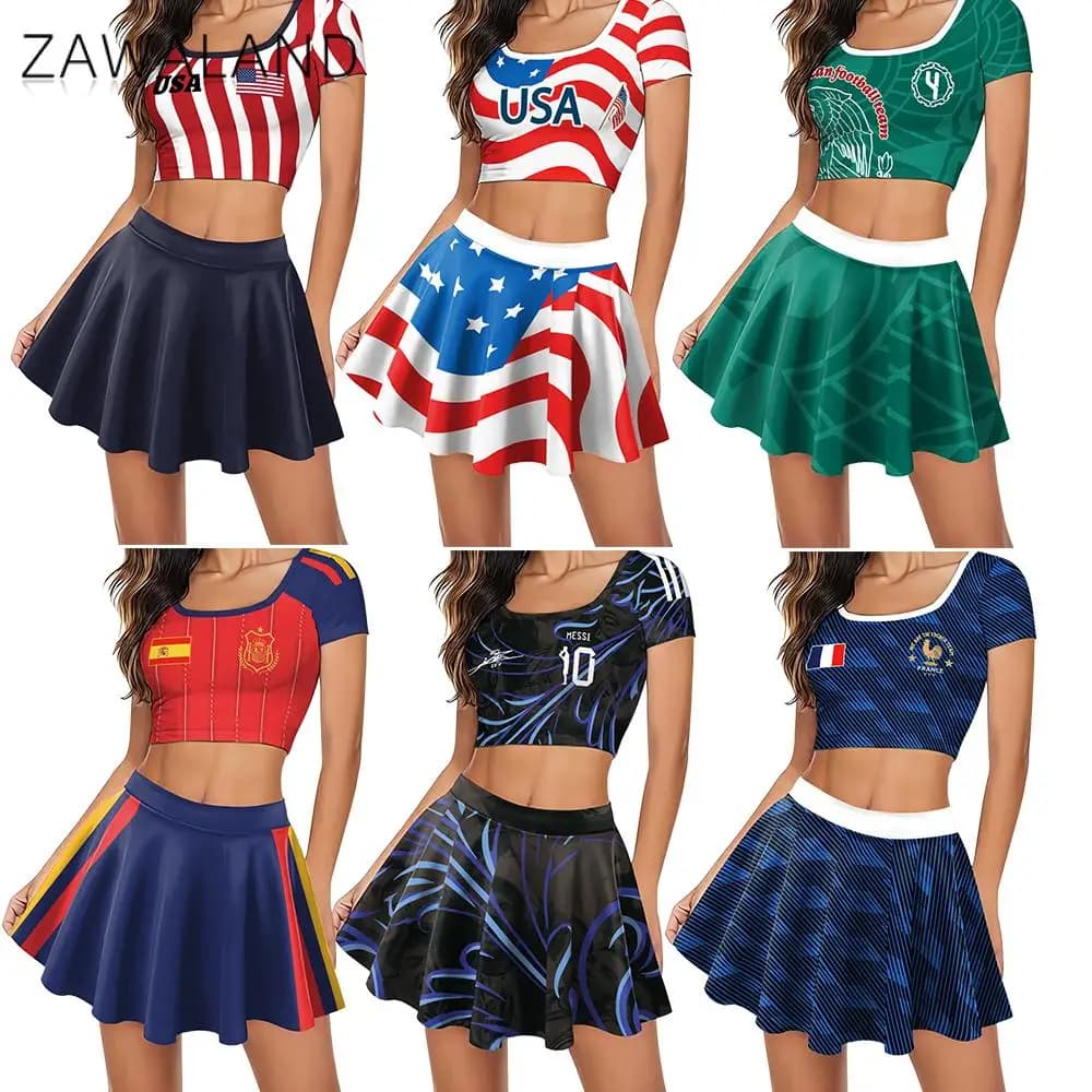 Set Costume da Cheerleader per il Calcio Mondiale, Abbigliamento Sportivo Femminile per Feste 2026, Top Corto e Minigonna per Tifose, Uniforme per Squadra di Cheerleading