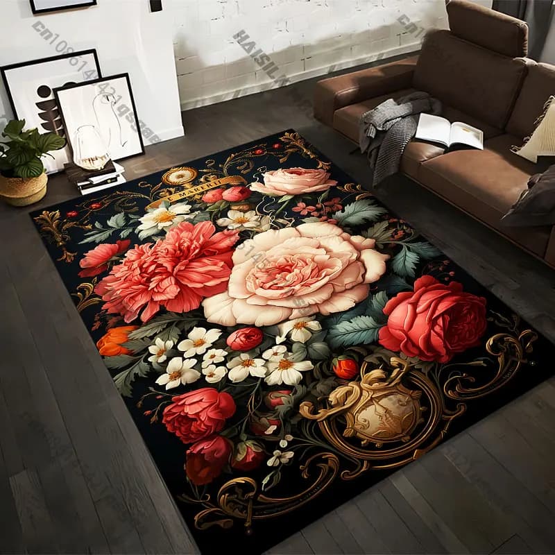 Carpets printed with elegant floral motifs and golden accents in 21 different sizes, also suitable as yoga mats for adults, decorations for the living room and personalized zerbini.