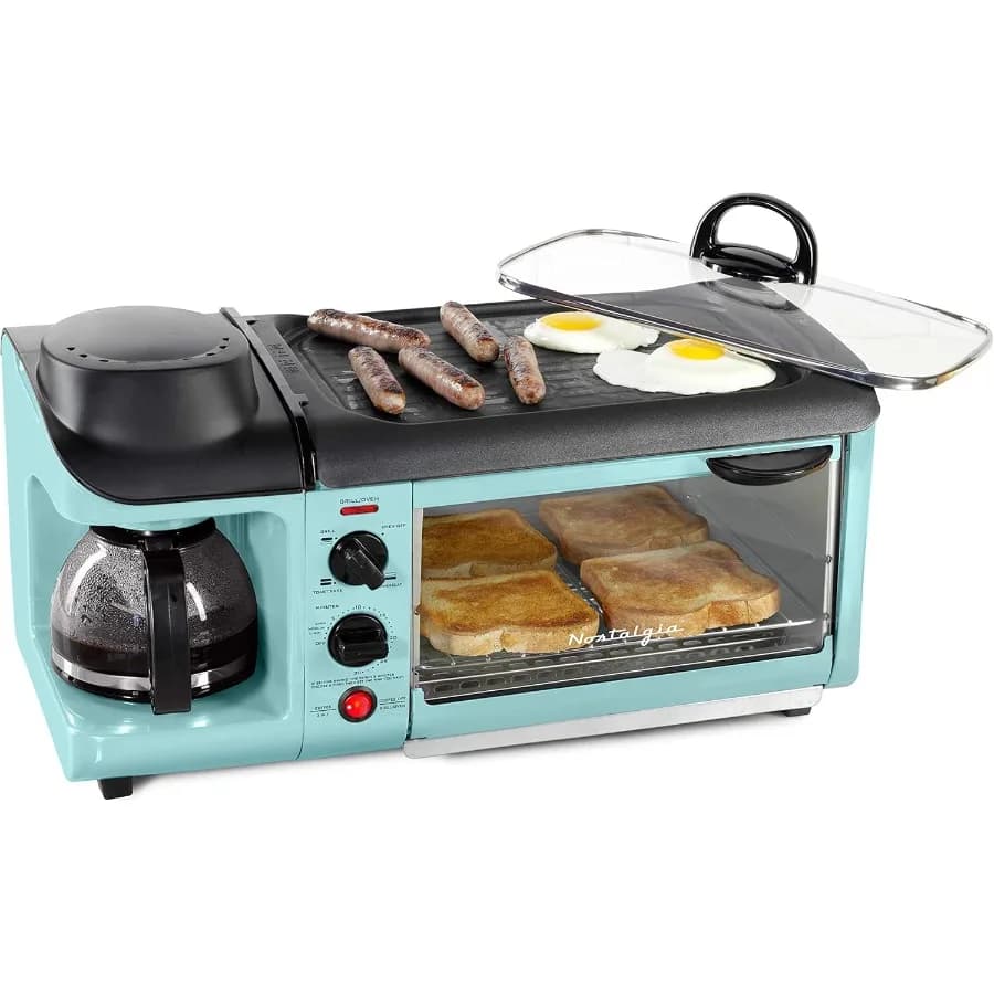 Stazione colazione 3 in 1 con piastra antiaderente per caffettiera e forno tostapane a 4 fette - Versatile colazione con timer -