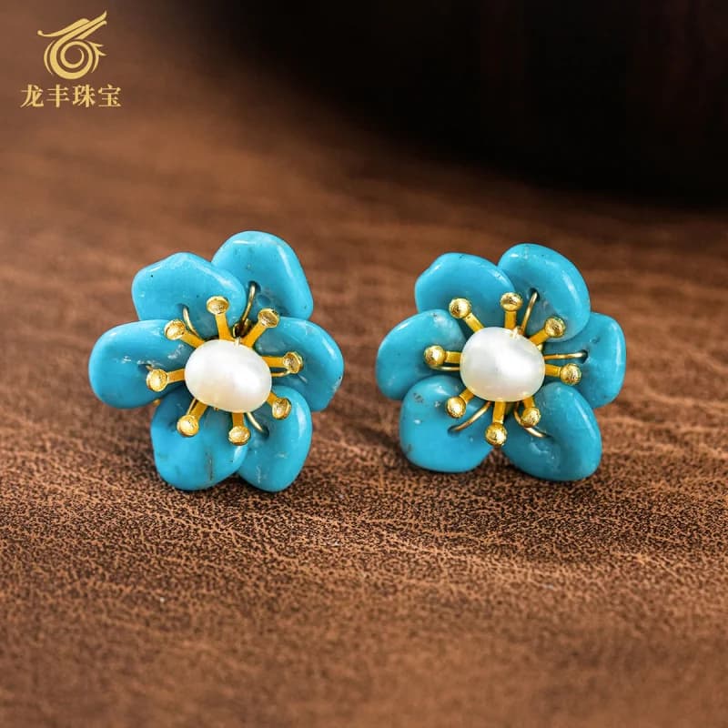 Orecchini in Turchese Placcati Argento e Oro 18K con Perle Naturali e Fiori Intarsiati per Donna
