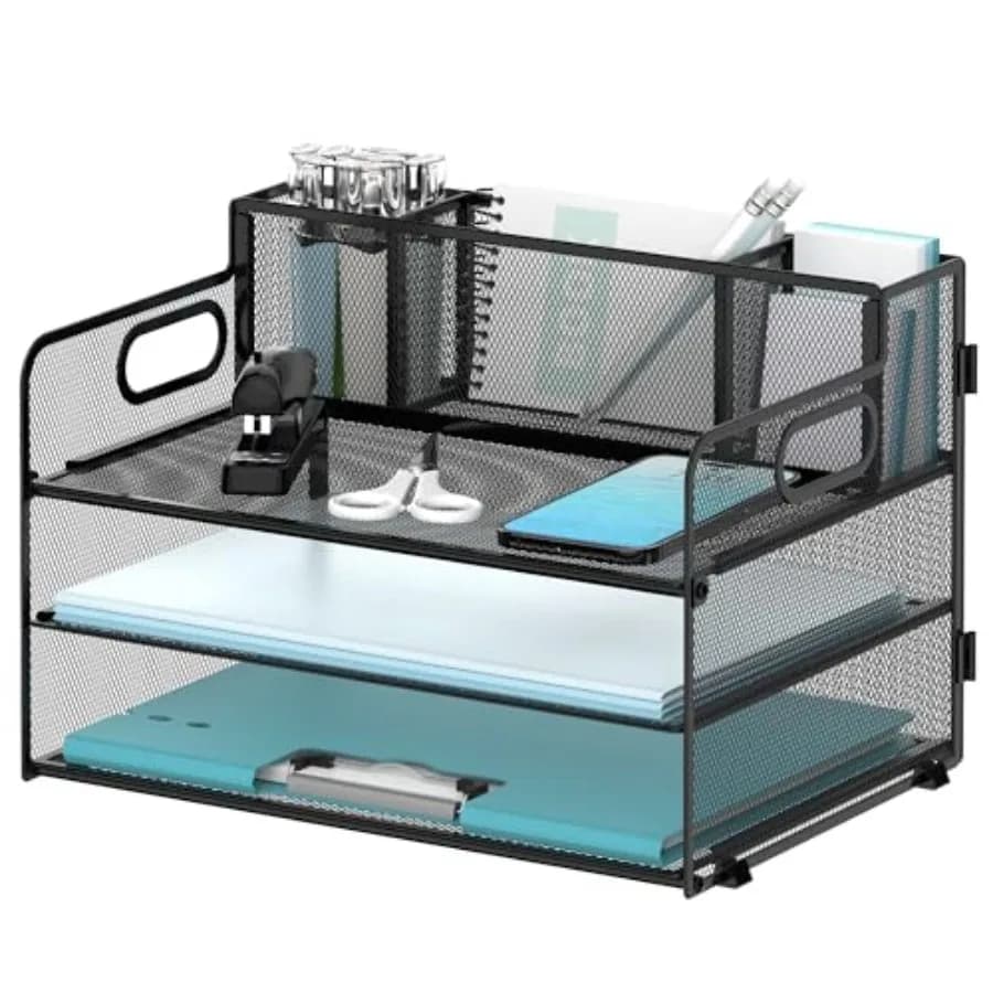 Desk Organizer Tray with 3 Pen Holders, 3-Tier Paper Organizer for Home Office School, Black