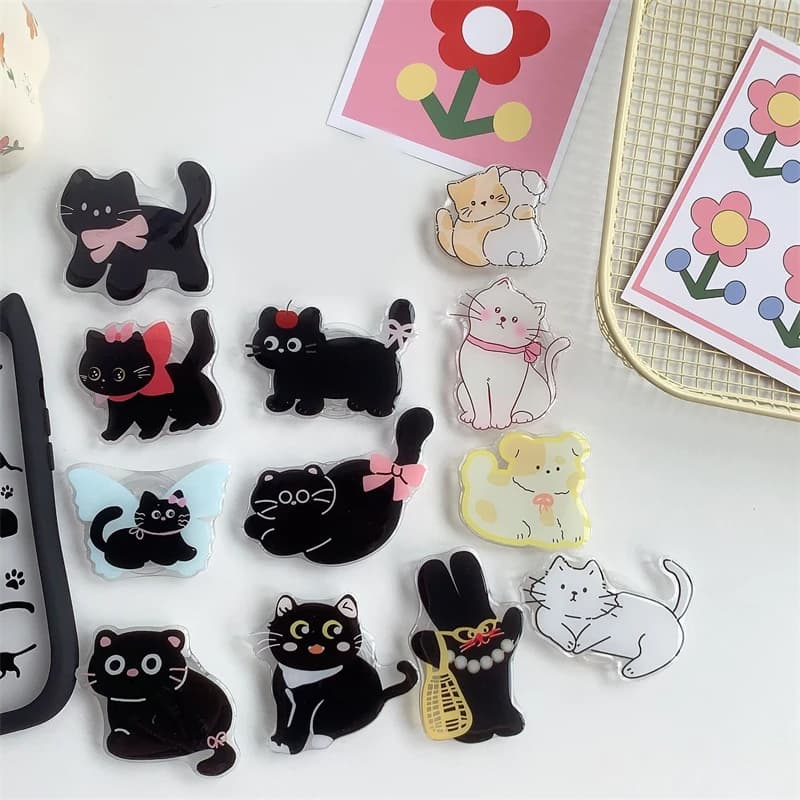 Staffa Griptok per gatto nero carino coreano per iPhone 15 12 Samsung Simulazione alimentare Accessori universali per telefono Supporto per telefono Grip Tok