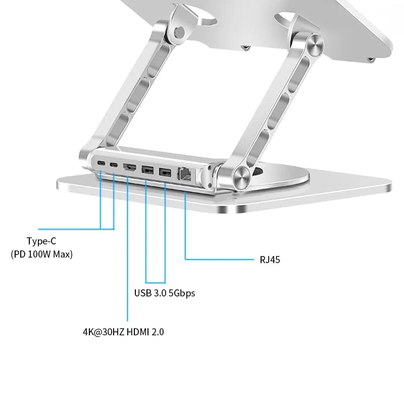 Supporto per laptop regolabile in alluminio girevole a 360 gradi con hub USB per docking station Ethernet RJ45