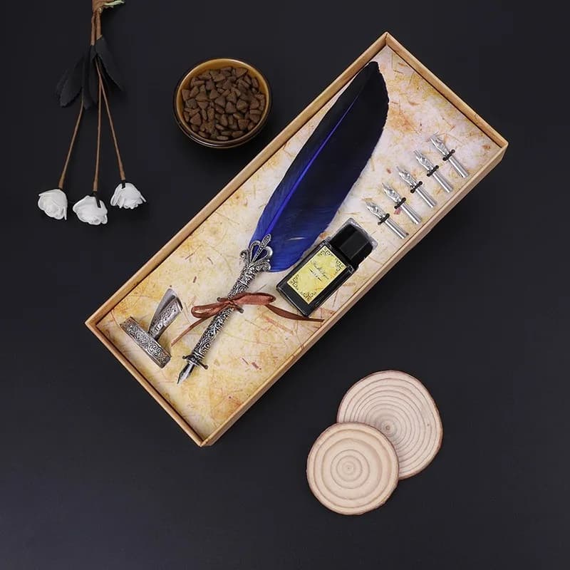 Random color Antique Dip Feather Pen Set, Calligraphy Pen Set, Handcrafted Quill Pen and Ink Set