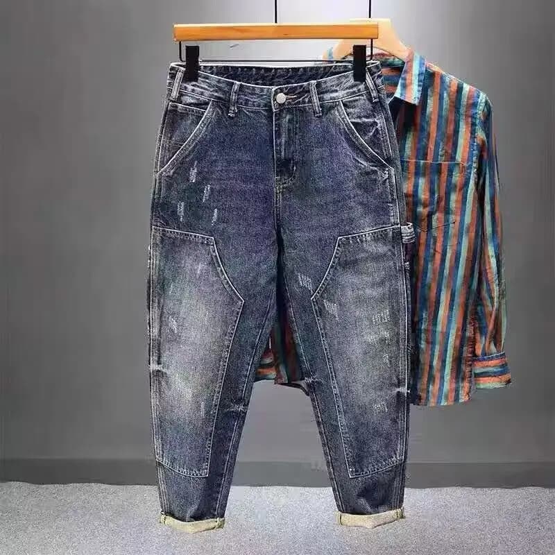 Heavy Trendy 2025 Brand Tooling Multi-pocket Jeans Men's Trend Loose Retro Small Feet Harlan Patchwork Cargo Straight Pants