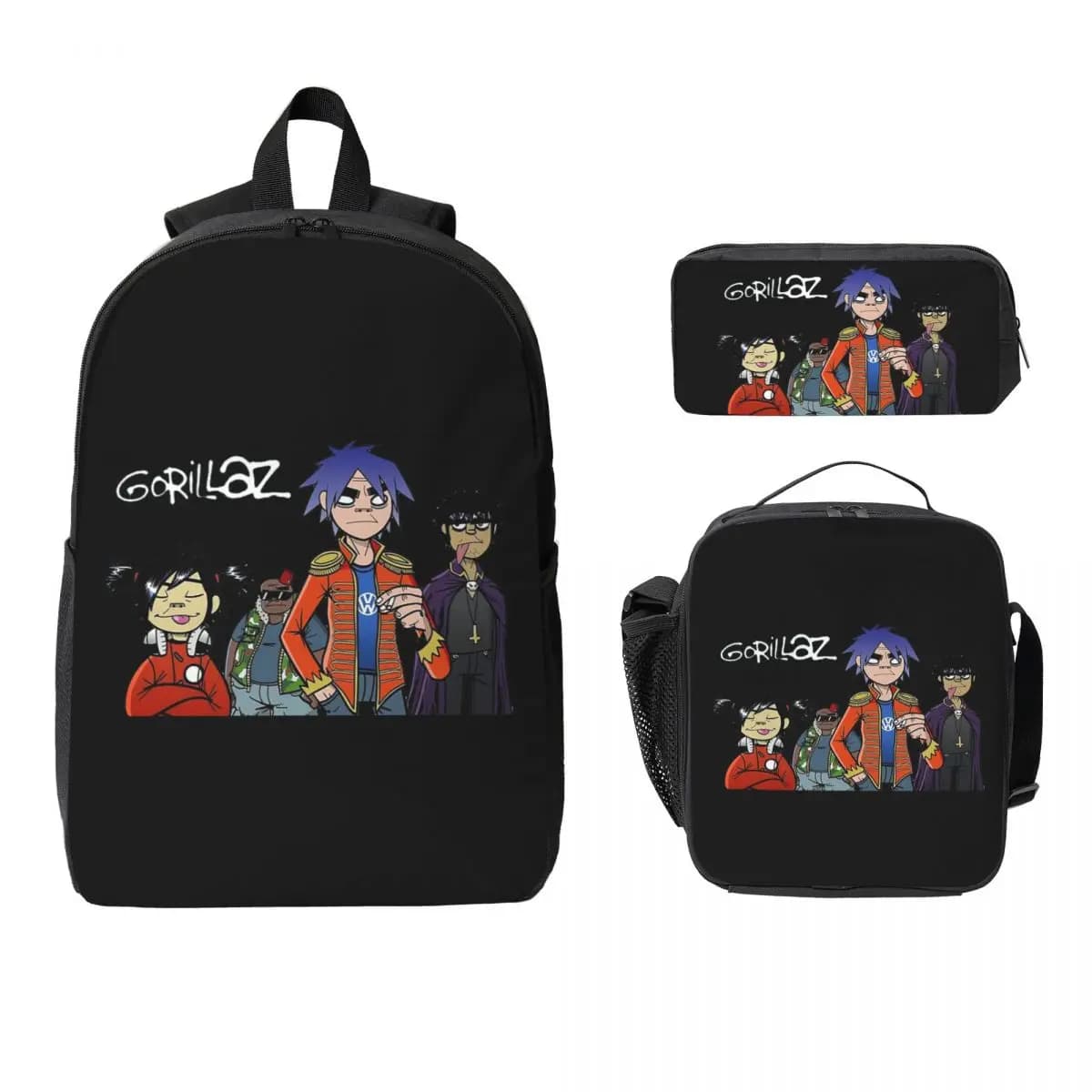 Zaino Gorillaz per ragazzi e ragazze, borsa per libri, borsa per la scuola, borse a tracolla per computer, 3 pezzi, borsa termica per il pranzo, astuccio per matite