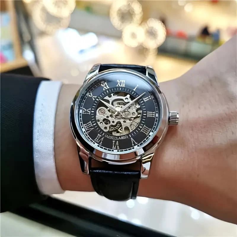 Elegante orologio meccanico automatico da uomo con design scheletrato - Cinturino in pelle, quadrante con numeri romani, movimento automatico, perfetto per l'uso business e casual, regalo ideale per giovani uomini, orologio da uomo business casual | Orologio Scheletrato con Design Traforato | Orologio Resistente, Accessori per Orologi, Senza Batteria