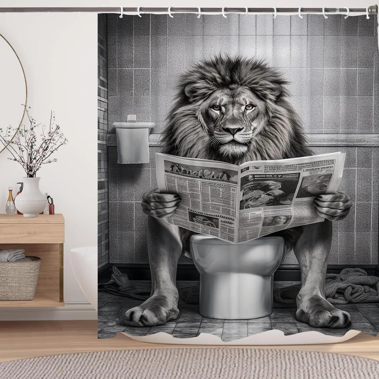 Divertente tenda da doccia con leone, umorismo animale sulle tende da doccia per WC, set di tende, tenda da bagno grigia grande uomo gatto 72x72 pollici