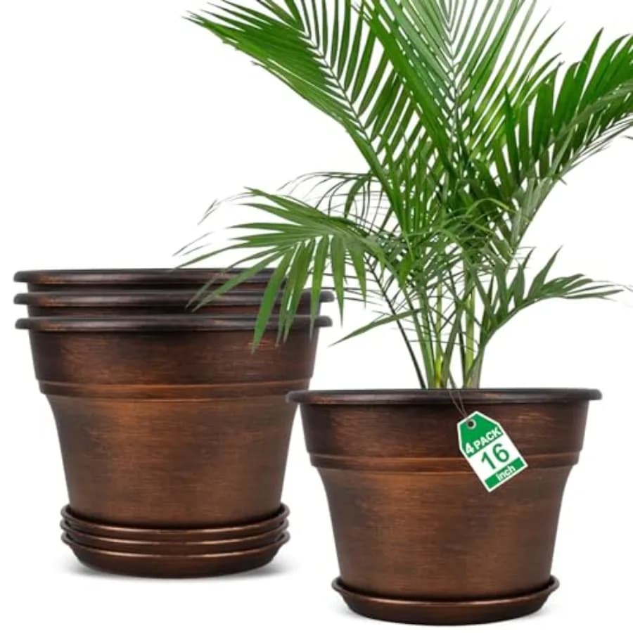 Set di 4 Vasi per Piante da Interno, Grandi 16 Pollici, in Plastica con Fori di Drenaggio, Vassoi, Contenitori Decorativi in Resina