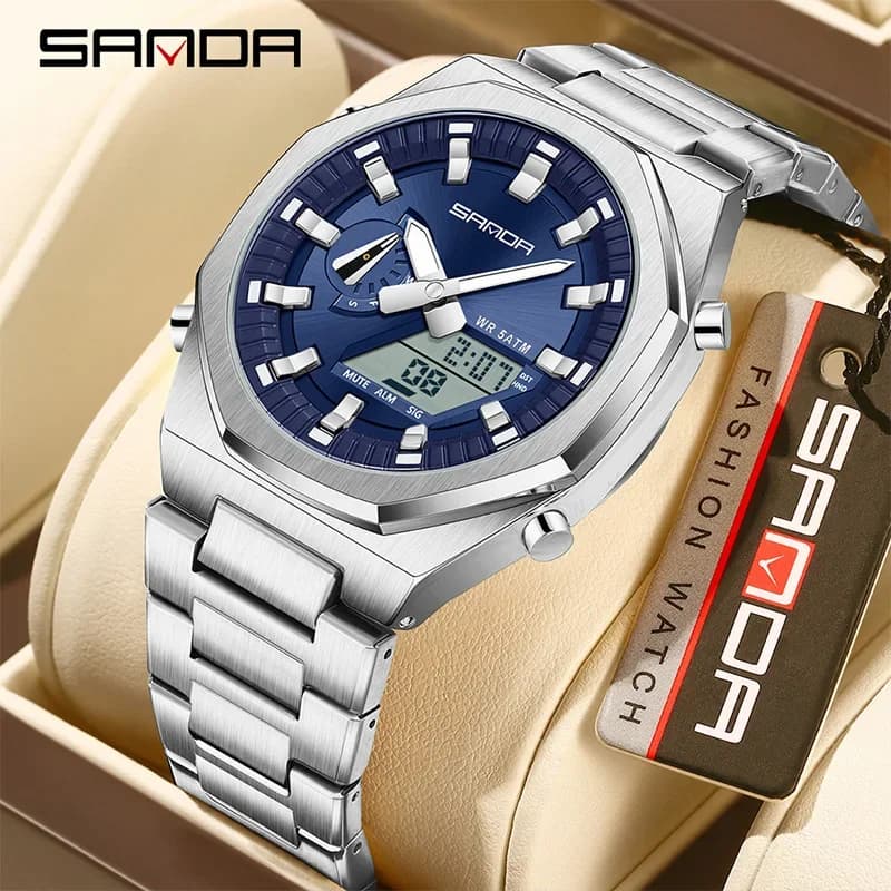 SANDA Orologio elettronico da uomo alla moda Sveglia Cronometro impermeabile Orologio da polso sportivo da uomo al quarzo con doppio display in acciaio inossidabile