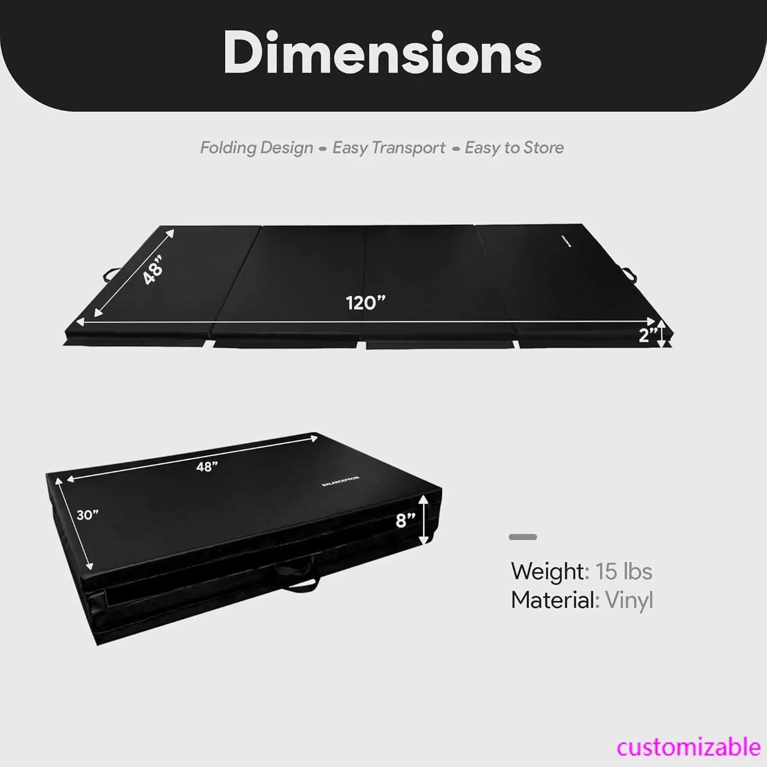 4 10x4 foot folding gymnastics mat – 2 inch thick pad with vinyl surface and handles for transport for culbuta, yoga, pilates
