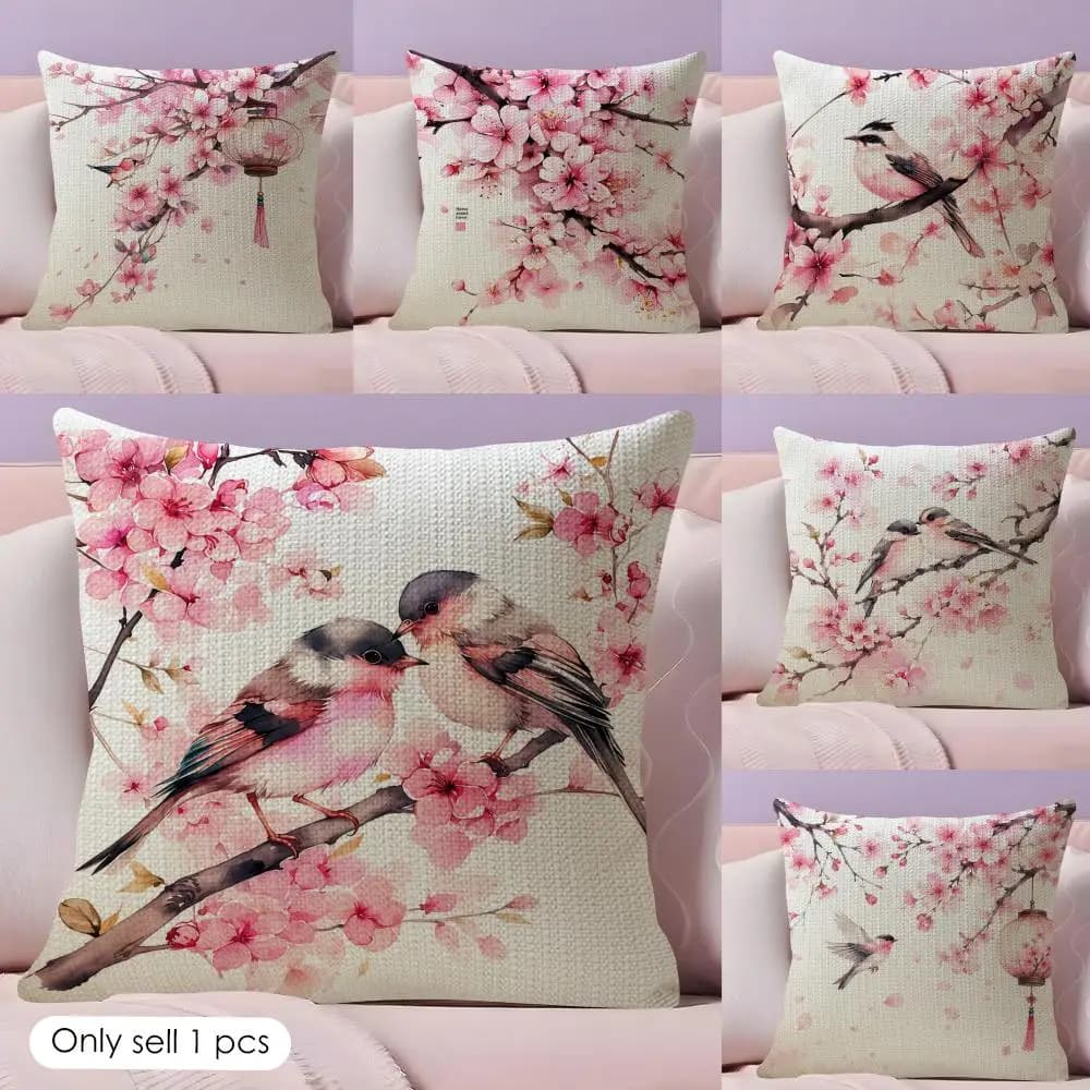 Japanese Cherry Cushion Cover Natural Linen Pillow Case Double-Sided Print Decorative Sofa Pillowcase Home Decor Gift