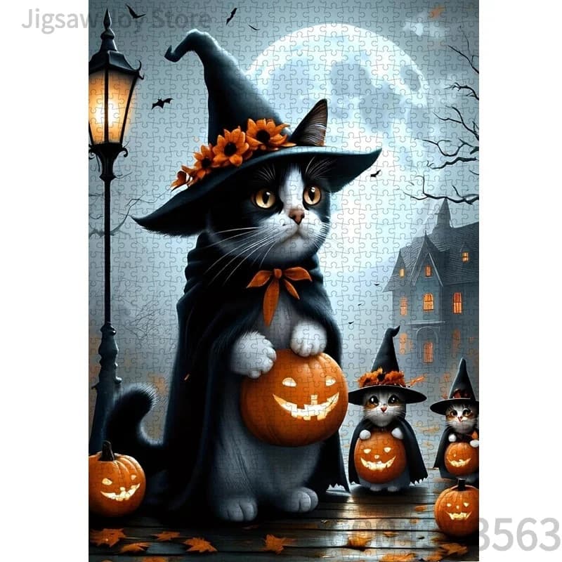 Cute Halloween Kitten Jigsaw Puzzle,Wizard Cats,Spooky Ghost Witch Hat,Pumpkin Lantern Art Puzzle Home Wall Decor