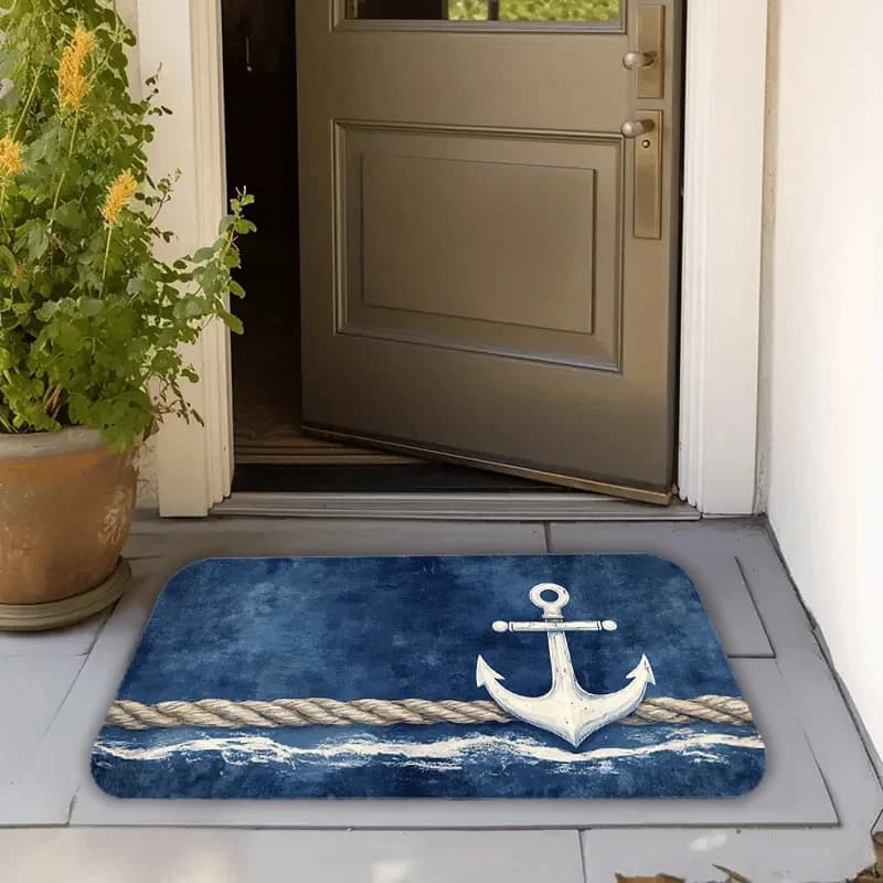 VIKAMA Tappetino con motivo nautico blu, lavabile, per l'ingresso di casa, corridoio, cucina, bagno, soggiorno