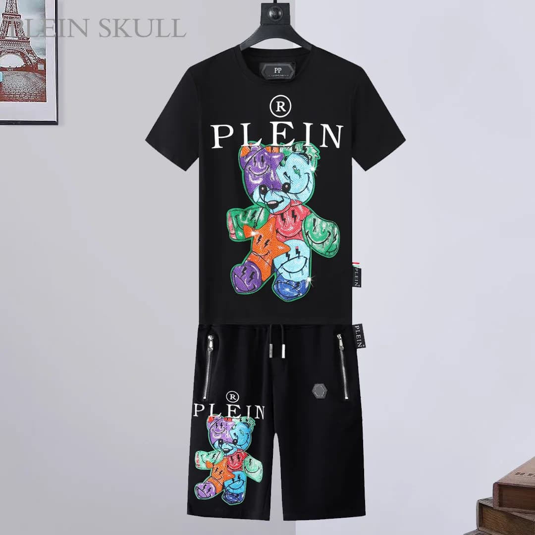 Plein Skull Sports Short Sleeve Set for Men 2025 New Summer Cartoon Cute Cotton T-shirt Premium Half Sleeve Shorts 2-piece Set