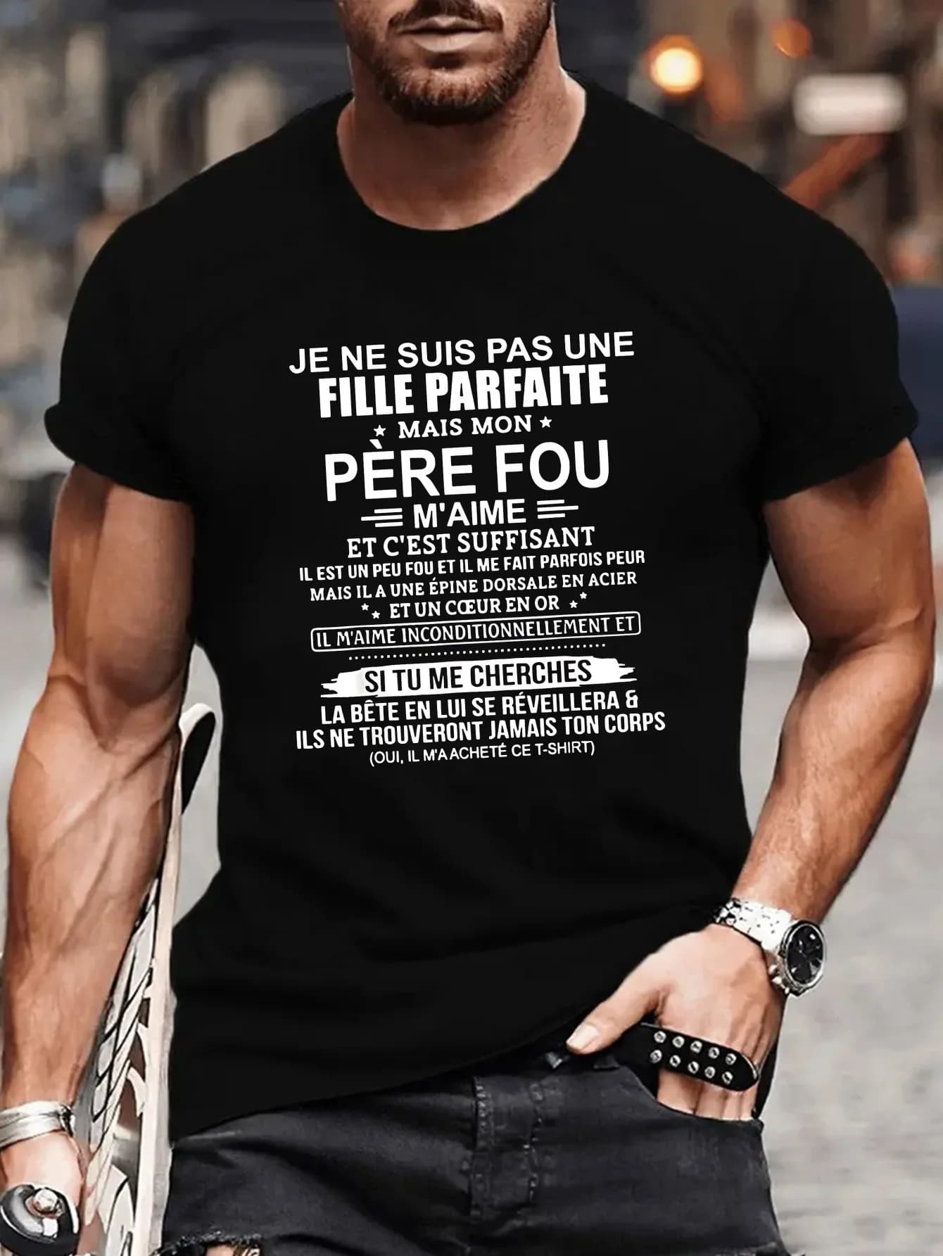 Funny Men's Black Graphic T-Shirt Bold French Father Saying Typography Statement Print 100% Cotton Heavyweight Short Sleeve Casual Streetwear Tee