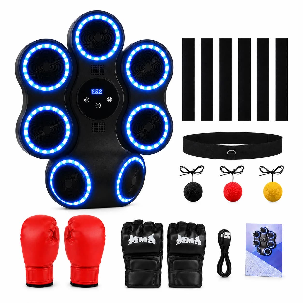 Wall Mounted Boxing Trainer, Smart Punching Machine with Bluetooth Speaker, Blue LED Light, 7 Strike Targets, 11 Modes 9 Speeds, Adhesive Tape Installation, No Drilling, Includes 2 Pairs Gloves & Reaction Balls, for Kids Adults Home Office Gym