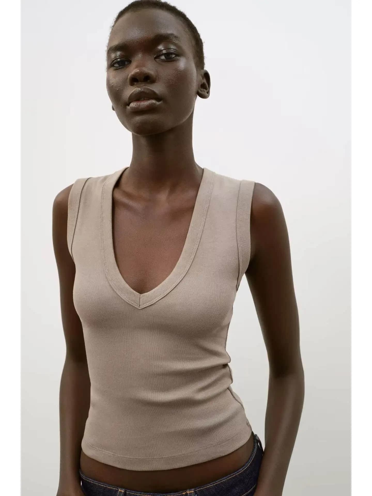 Elegant Sleeveless V-Neck Slim Fit T-Shirt New Summer Collection Women's Fashion Versatile Base Layer Multi-Color Options