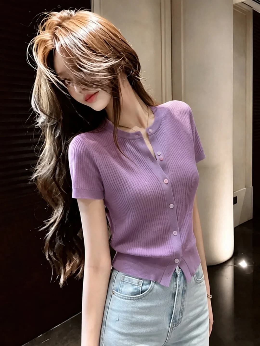 Summer Design Soft Comfortable Short Sleeve Knitted Shirt Women's Slimming Single Button Elegant Versatile Top Korean Style S...