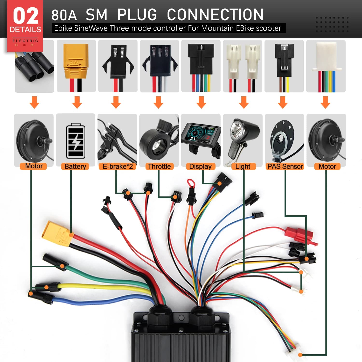 Ebike Brushless Motor Sine Wave Controller 48V 72V 80A 3000W 5000W UKC1 Color LCD Display Kit for Electric Bicycle Scooter Part