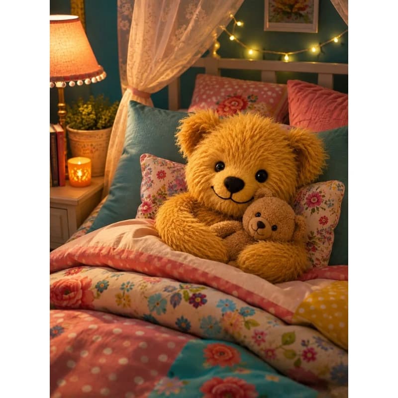 5D DIY Diamond Painting, Warm Night Atmosphere Teddy Bear In Sweet Floral Bedroom, Relaxing DIY Craft, Holiday & Birthday Gift