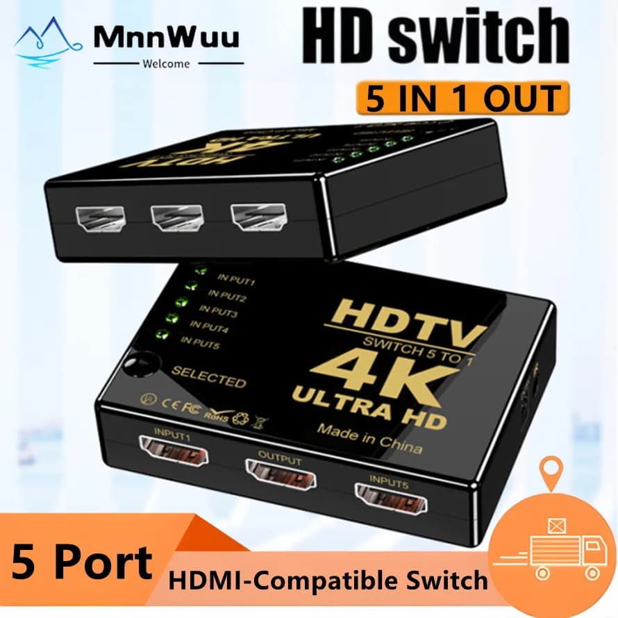 Switcher compatibile HDMI 4K Switcher compatibili HDMI a 5 porte con telecomando IR per Xbox PS4 DVD HDTV PC Laptop TV