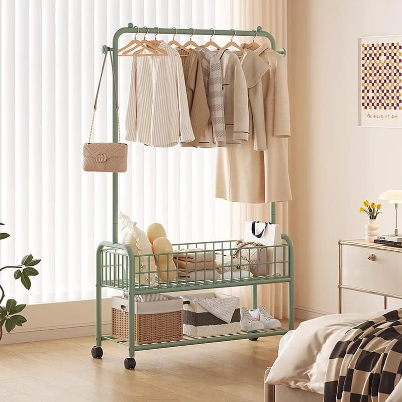 Appendiabiti Multifunzionale da Camera da Letto in Ferro Stile Semplice con Ruote, Porta Abiti Notturni, Mobile per Dormitorio, Appendiabiti da Interno per Traslochi