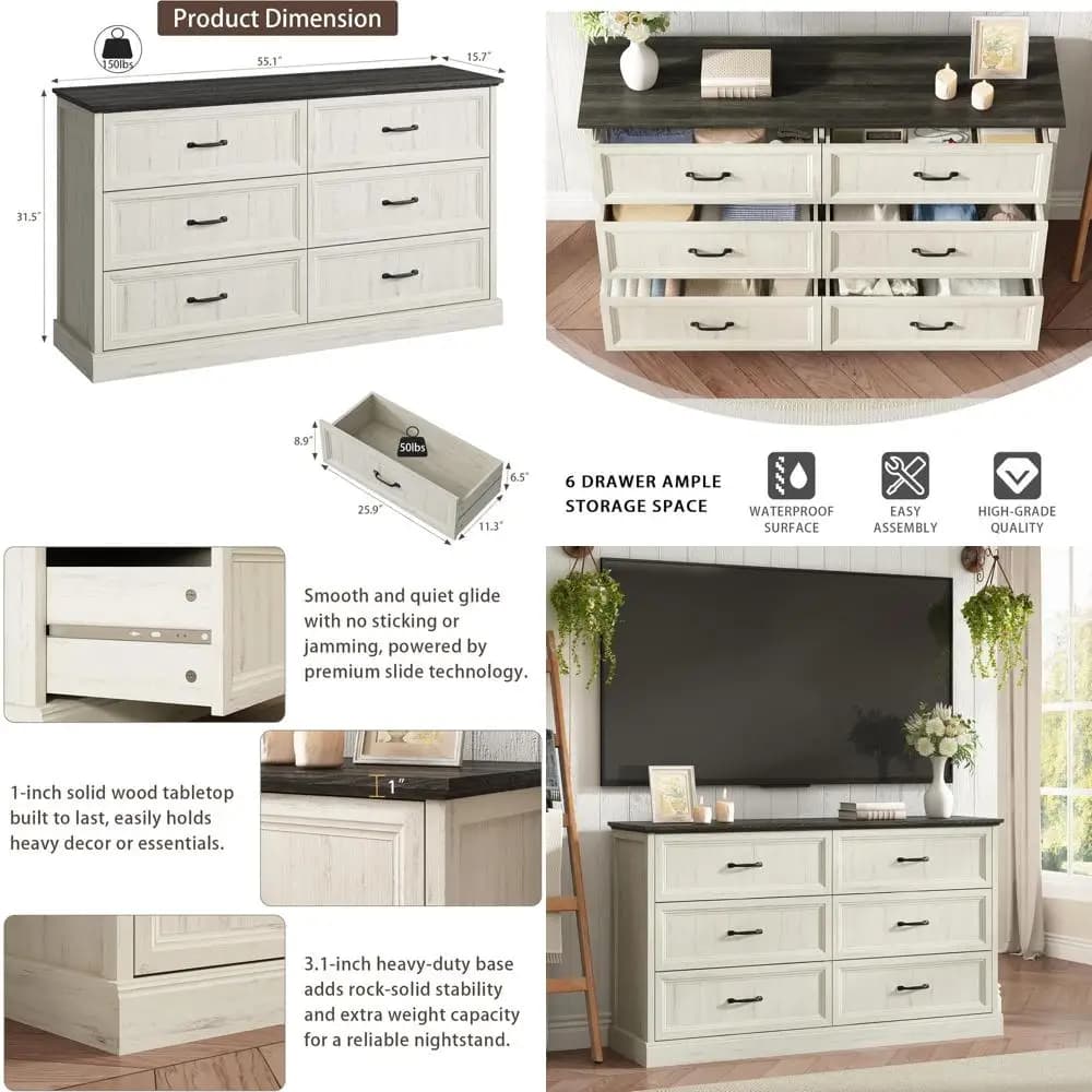6-Drawer White TV Stand with Large Doors & Bar Handles, Rustic Wood Chest for Bedroom, Living Room, Hallway, Entryway