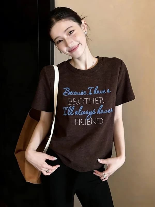 Summer Casual Style Women's T-shirt Short Sleeve Loose Fit Pure Cotton Coffee Color Letter Print Unique Beautiful Top