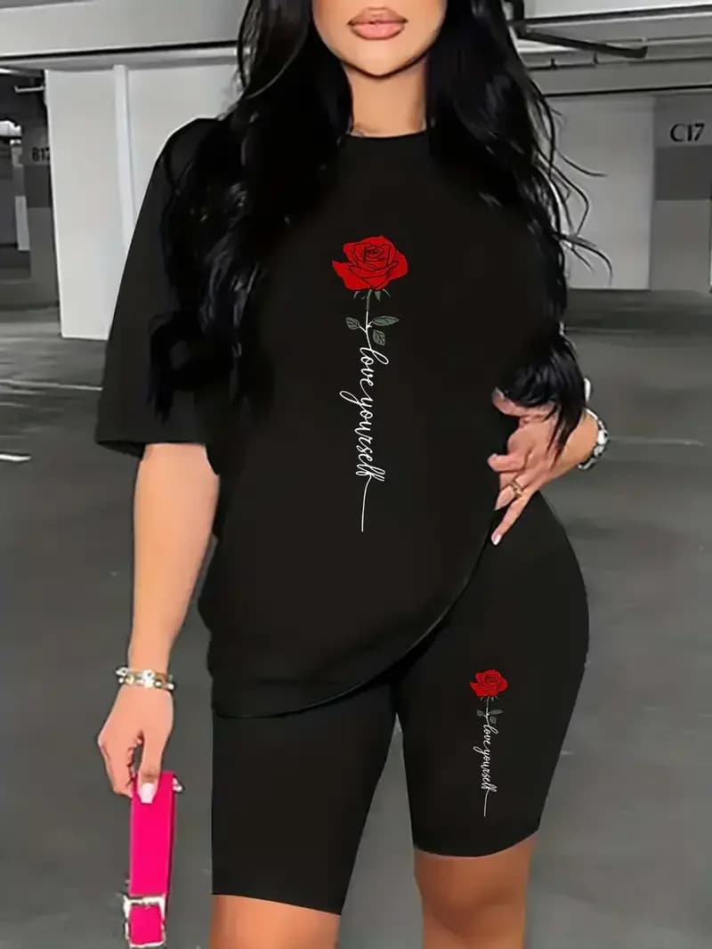 T-shirt da donna estiva con stampa cartoon rosa nera, casual, girocollo, a maniche corte, pantaloncini, set da due pezzi