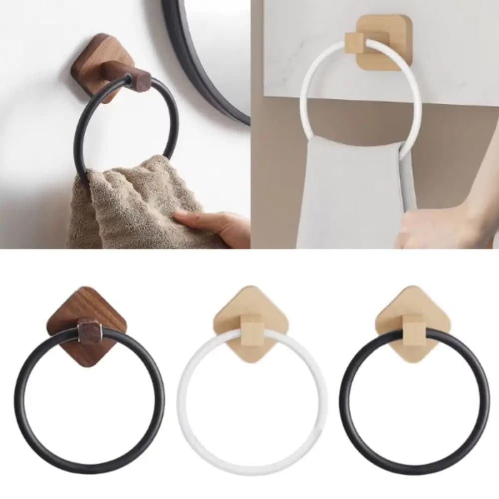 Portasciugamani Rotondo Portatile in Alluminio e Legno di Noce, Anelli Portasciugamani Bianchi in Legno di Faggio per Bagno