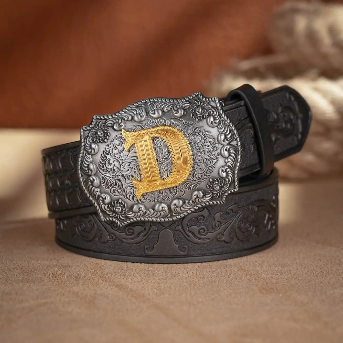 Cintura in pelle PU da cowboy occidentale - Cintura da uomo con decorazione floreale incisa per jeans