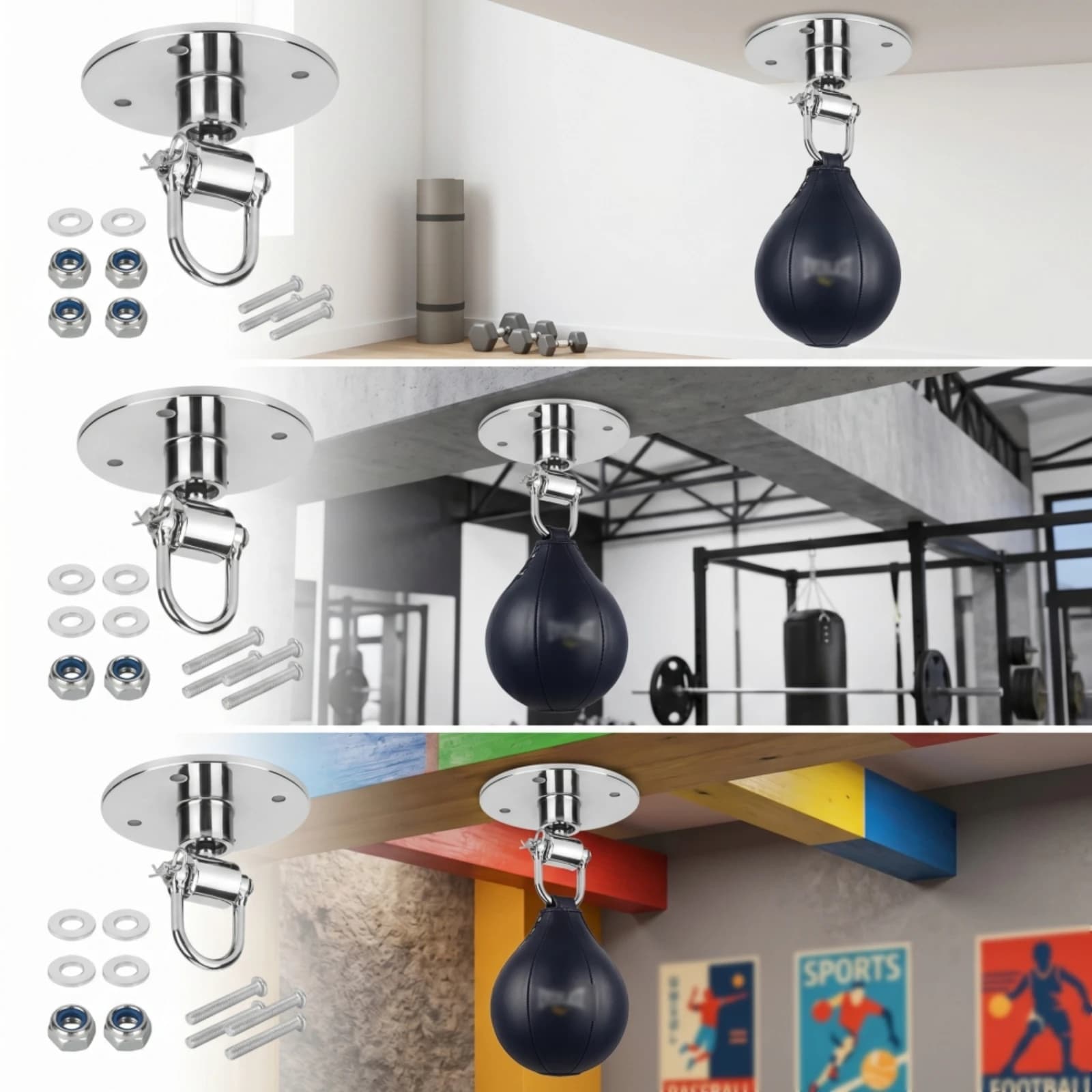 Punching Bag Mount Mount Chrome Swivel Hanger Ceiling Hanger with D-Loop Smooth Swing Hook Pre-Drilled for Boxers, Home Gym