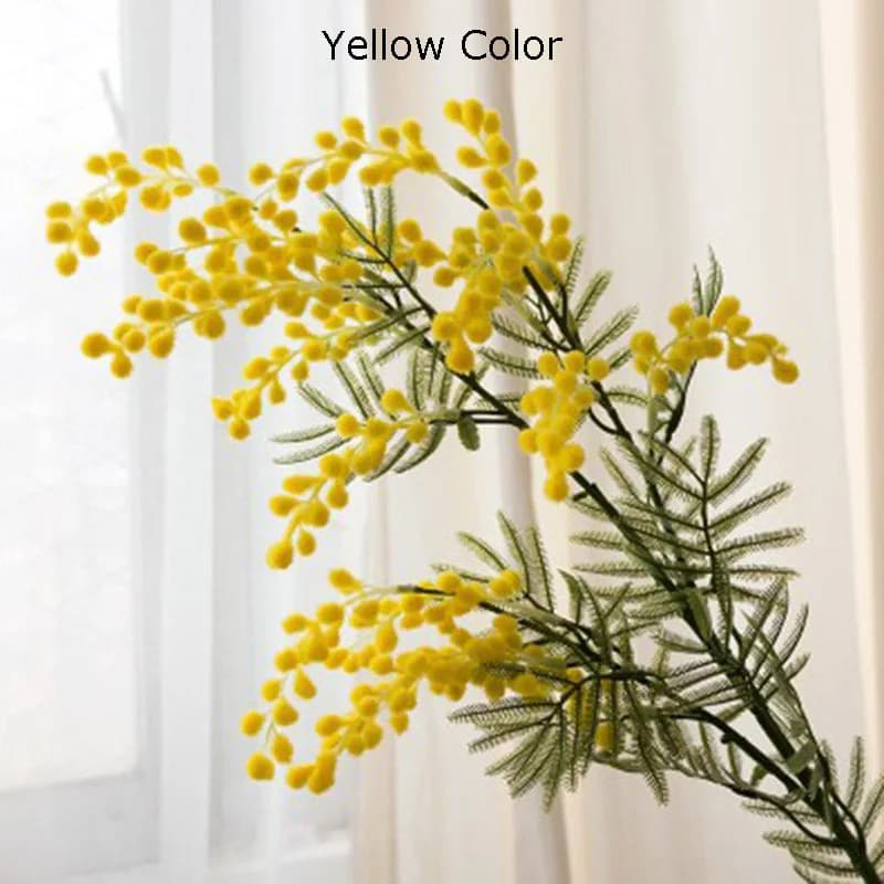 86cm 3 Artificial Forks Acacia Yellow Mimosa Plush Pudic Spray Cherry Fake Silk Flower Wedding Party Decoration Red Bean Plant