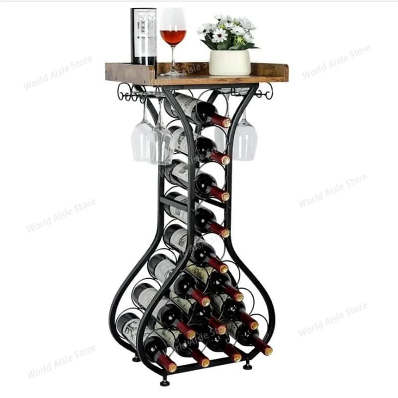 Portabottiglie da pavimento autoportante Mini tavolo da bar Portabottiglie Portabottiglie Armadietto per liquori con supporto in vetro Piano in legno per vino per bar di casa