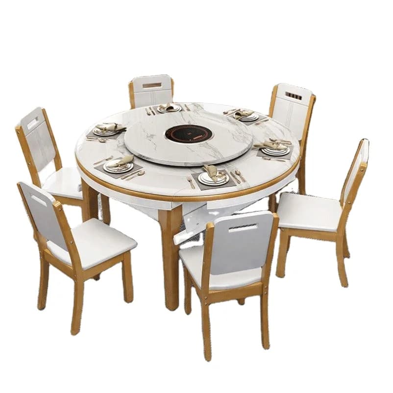 Bright Stone Slab Telescopic Dining Table, Induction Cooker, Modern Smart Household Round Dining Table