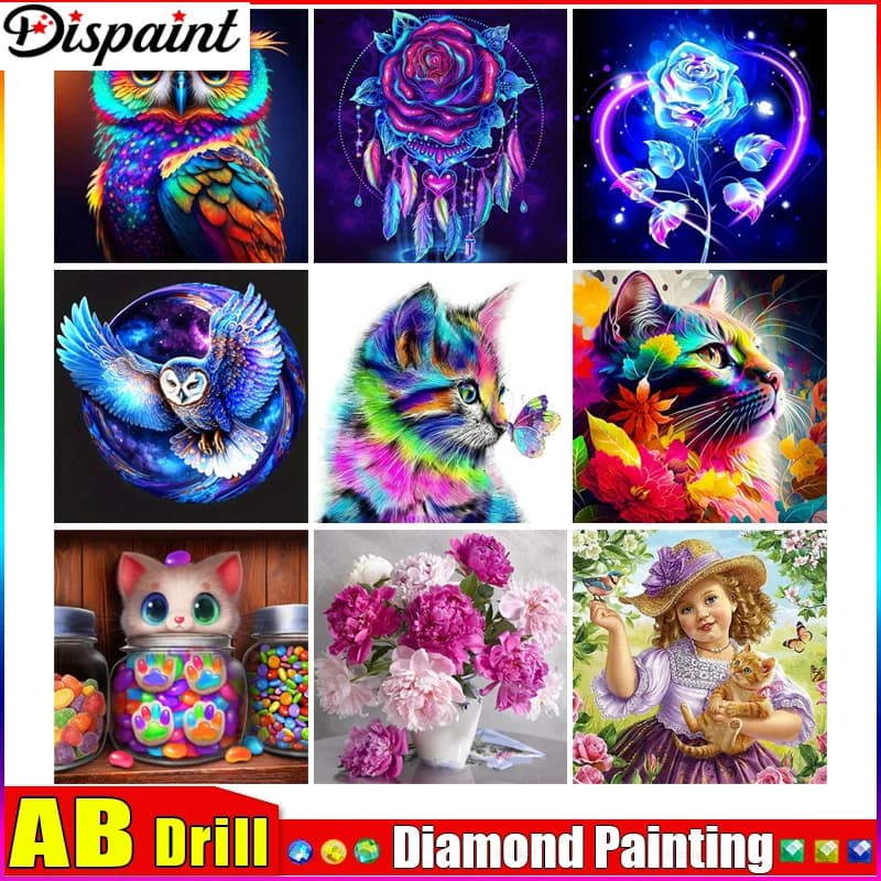 Dispaint AB "Owl Flower Cat" Diamond Painting 5D Full Square/Round Drill Home Decor DIY Diamond Embroidery Cross Stitch